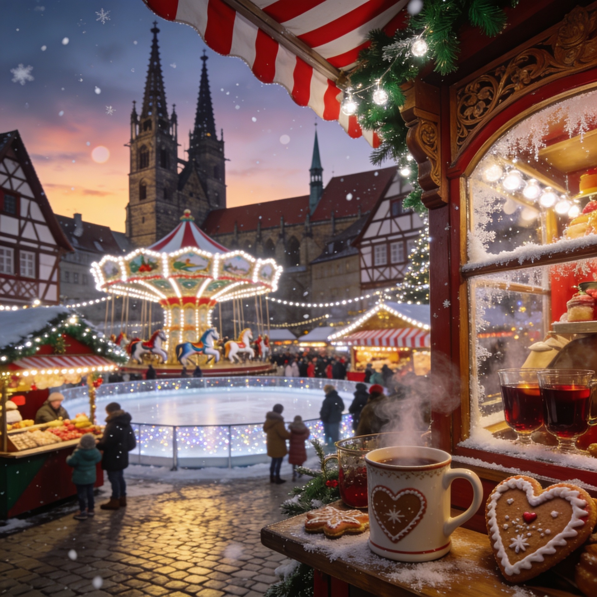 Christmas market carousel at twilight with mulled wine and gingerbread