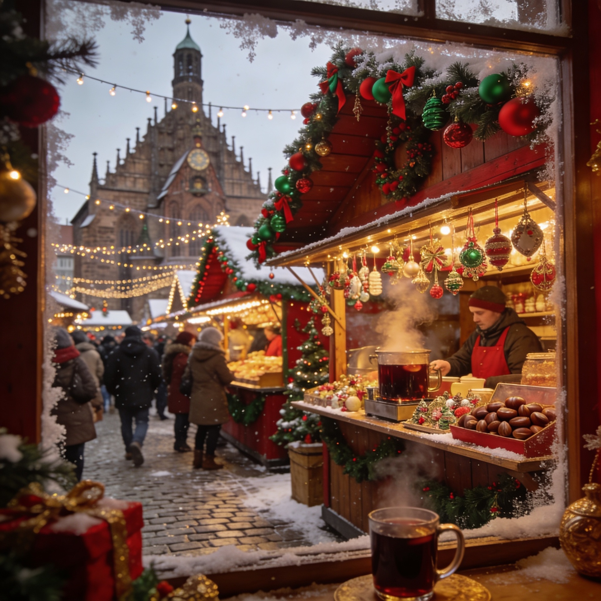 Snowy Christmas market with mulled wine and ornaments